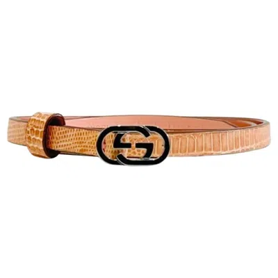 Pre-owned Gucci Skinny 'gg' Lizard Skin Belt In Sand