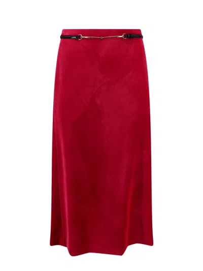 Gucci Women Velvet Skirt With Belt And Horsebit Detail In Red