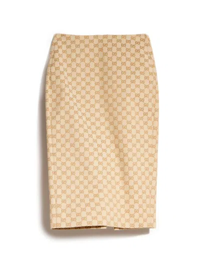 Gucci Gg Cotton Canvas Midi Skirt In Neutral