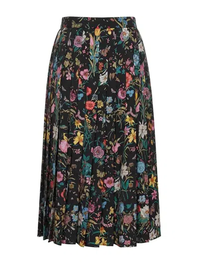 Gucci Pleated Silk Midi Skirt With All-over Flora Print In Multi