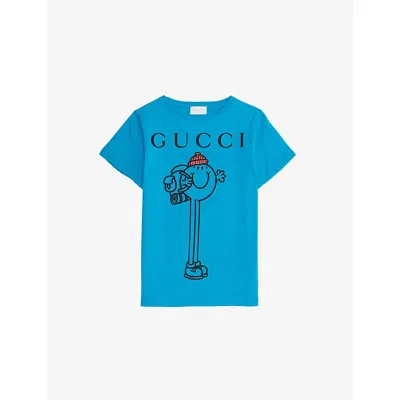 Gucci Kids' Sky Blue/mc Mr. Tall Graphic Print Cotton T-shirt 4-12