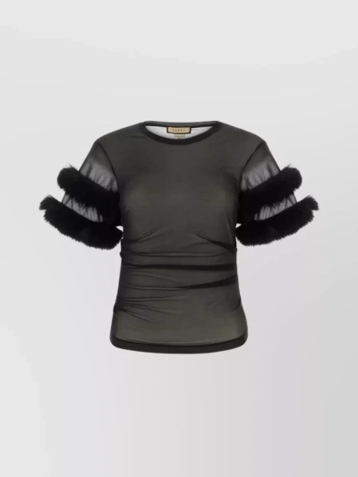 Gucci Sleeved Crewneck With Fur Trim And Ruched Detailing In Grey