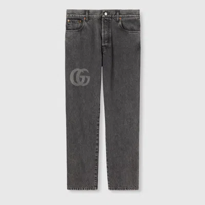 Gucci Slim Fit Denim Pant With Logo Detail In Gray