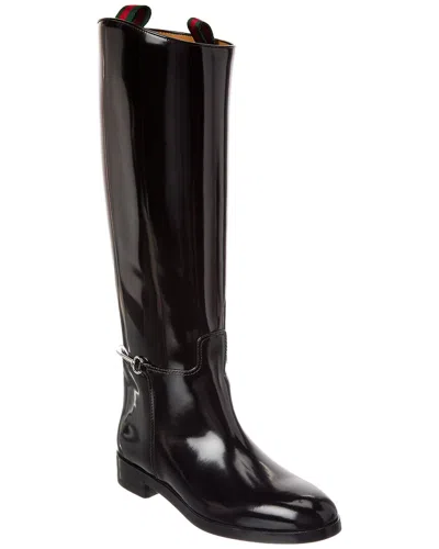 Gucci Slim Horsebit Patent Knee-high Boot In Black