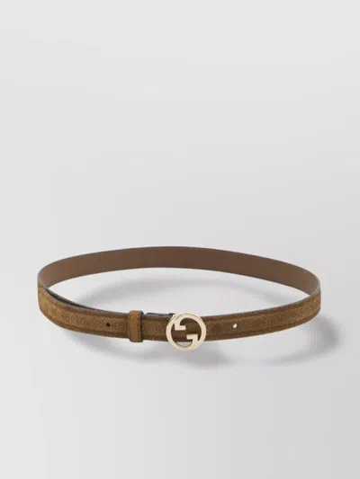 Gucci Slim Monogram Suede Leather Belt In Brown