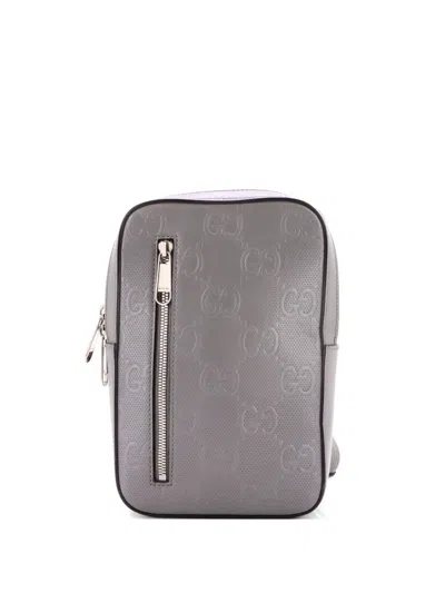 Pre-owned Gucci Sling Gg Embossed Perforated Leather Backpack In Gray