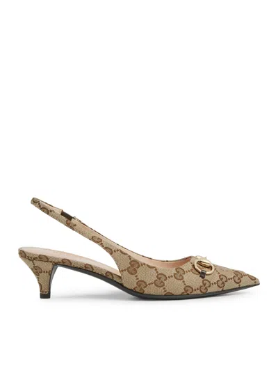 Gucci Women Gg Logo Slingback Pump With Horsebit In Brown