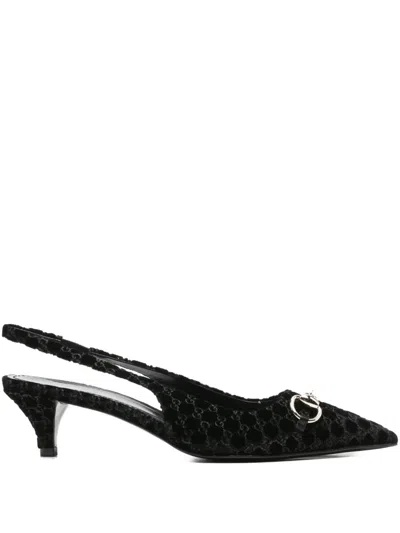 Gucci Women Black Gg Velvet Horsebit Slingback Pumps In Multi