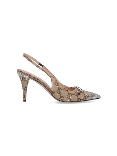 Gucci Slingback Pumps With Horsebit And Rhinestones In Beige