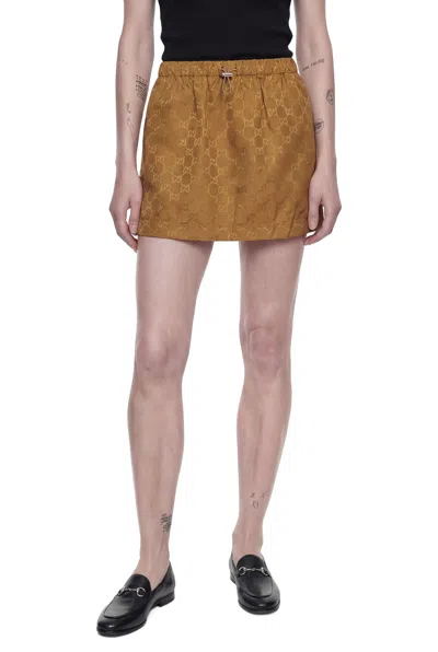 Gucci Slub Gg Nylon Mini Skirt In Brown