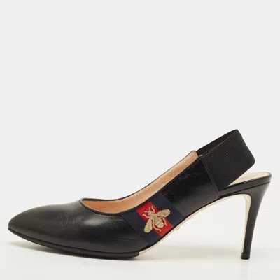 Pre-owned Gucci Slyvie Size 38.5 Black Leather Web Slingback Pumps