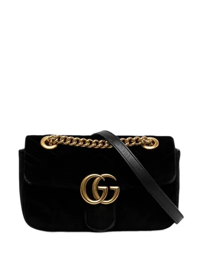Pre-owned Gucci Small 2016-2026 Gg Marmont Matelasse Velvet Shoulder Bag In Black