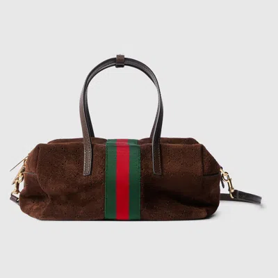 Gucci Small Boston Web Suede Tote Bag In Brown