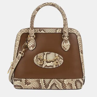 Pre-owned Gucci Small Brown Leather Python Trim Horsebit 1955 Top Handle Tote And Shoulder Bag