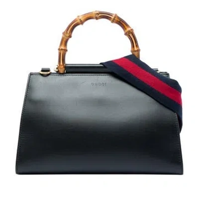 Pre-owned Gucci Small Calfskin Bamboo Web Nymphaea Satchel In Black
