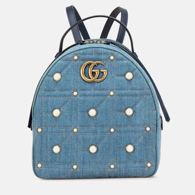 Pre-owned Gucci Small Gg Marmont Pearl Denim Backpack