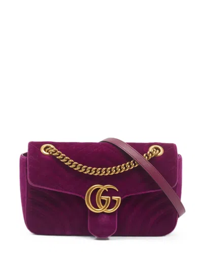 Pre-owned Gucci Small Gg Marmont Velvet Shoulder Bag In Purple