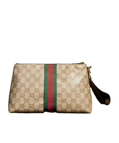 Gucci Small Gg Pouch With Web In Brown