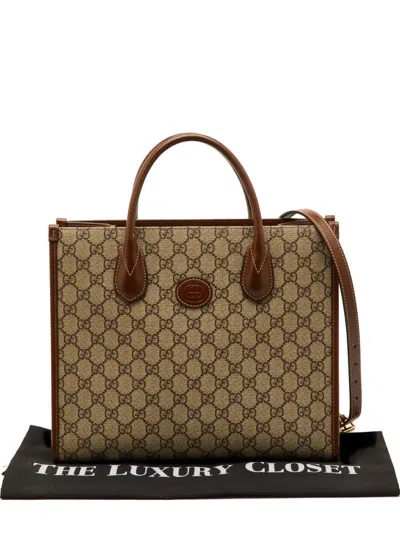 Pre-owned Gucci Small Gg Supreme Interlocking G Tote Bag In Brown