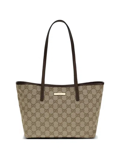 Gucci Small Gg Supreme Logo-plaque Tote Bag In Brown