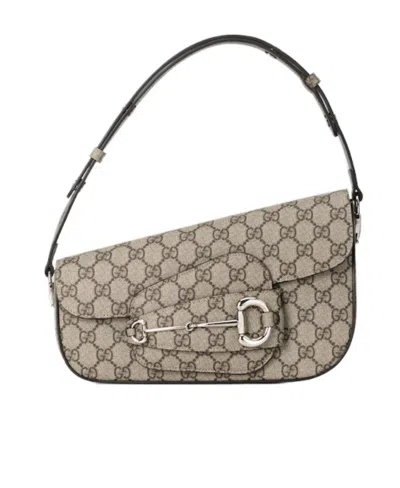 Gucci Horsebit 1955 Monogrammed Small Shoulder Bag In Nude