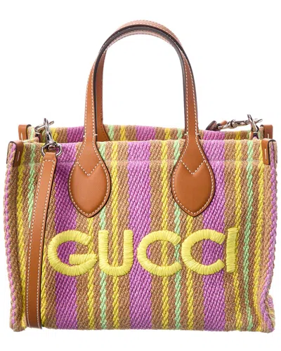 Gucci Small Jute & Leather Tote In Orange
