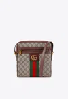 Gucci Men Gg Supreme Fabric And Leather Shoulder Bag With Iconic Web Band