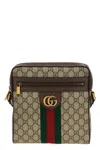 Gucci Men Gg Supreme Fabric And Leather Shoulder Bag With Iconic Web Band