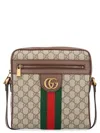 Gucci Men Gg Supreme Fabric And Leather Shoulder Bag With Iconic Web Band In Brown