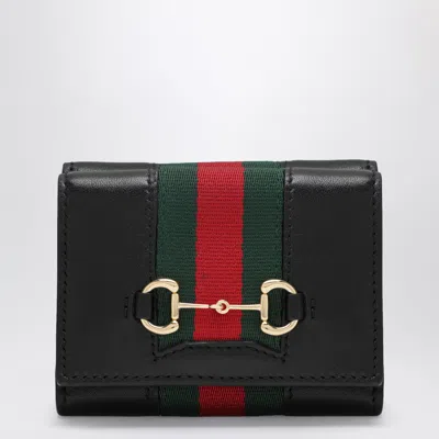 Gucci Small Tri-fold Horsebit Web Mini Wallet In Black