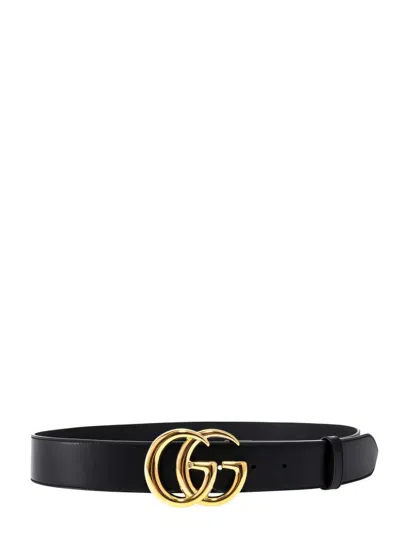 Gucci Smooth Black Leather Belt With Polished Gold Double G Buckle