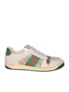 Gucci Screener Embellished Canvas-trimmed Distressed Leather Sneakers In Beige