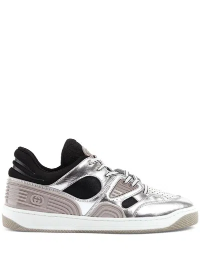 Gucci Elevate Your Style With This Silver And Black Metallic-leather Sneaker In Multi