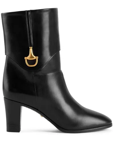 Gucci Half Horsebit Leather Ankle Boots In Black