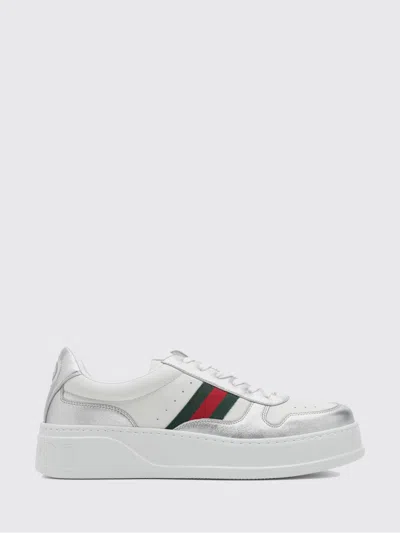 Gucci Low-top Leather Sneakers Featuring Metallic Accents And Rubber Sole In White