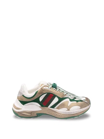 Gucci Drawstring Sneakers Suede Monogram Web Detail In Green