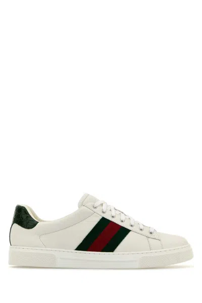 Gucci Ace Leather Sneakers With Lateral Web Band In White
