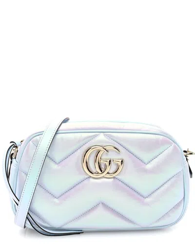 GUCCI GUCCI SNOW LIGHT BLUE MATELASSE LEATHER IRIDESCENT CHEVRON MARMONT CHAIN  SHOULDER BAG (AUTHENTIC PR