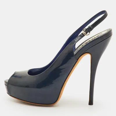 Pre-owned Gucci Sofia Size 36 Navy Blue Patent Leather Platform Peep Toe Slingback Sandals