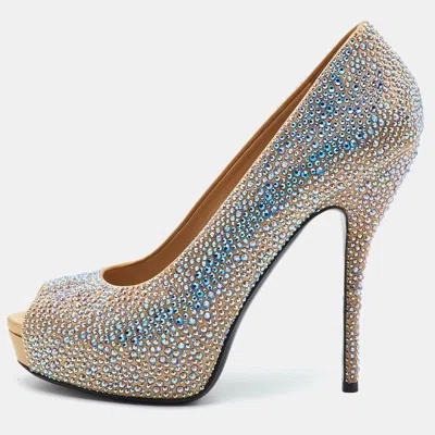 Pre-owned Gucci Sofia Size 39 Gold Satin Crystal Embellished Peep Toe Platform Pumps