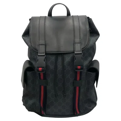 Pre-owned Gucci Soft Gg Supreme Black Canvas Leather Web Double Buckle Backpack