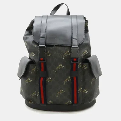 Pre-owned Gucci Soft Gg Supreme Sherry Line Backpack Tiger Pvc Leather Black Grey