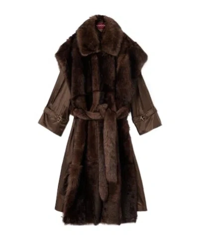 Gucci Soft Hairy Shearling Coat With Belt In Brown