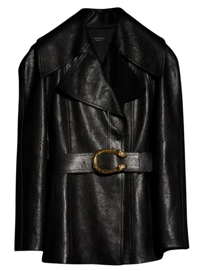 Gucci Soft Hammered Leather Trench Jacket With Detachable Belt In Black