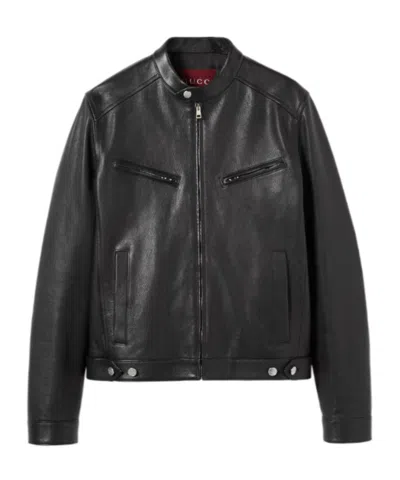 Gucci Soft Leather Zip Jacket In Black