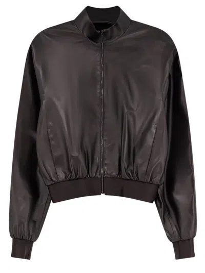Gucci Soft Nappa Leather High-collar Zip-up Jacket With Satin-effect Cuffs And Hem In Marrone