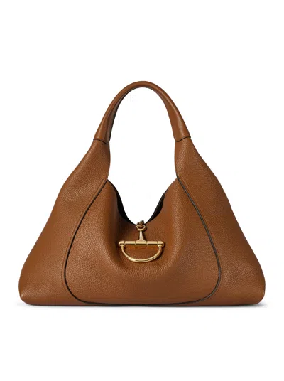 Gucci Brown Softbit Grained Calf Leather Shoulder Bag In Nude