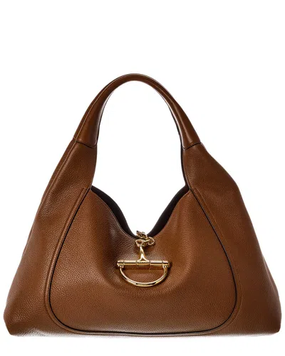 Gucci Brown Softbit Grained Calf Leather Shoulder Bag In Nude