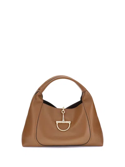 Gucci Brown Softbit Grained Calf Leather Shoulder Bag In Nude