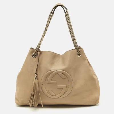 Pre-owned Gucci Soho Chain Large Beige Leather Tote In Sand